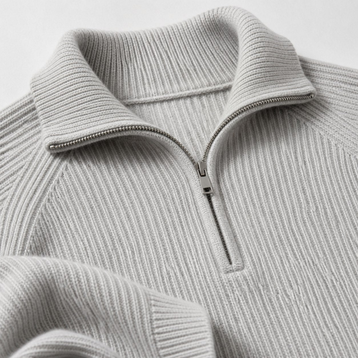 Grey men's ribbed half-zip knit jumper detail view