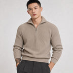 Khaki men's ribbed half-zip knit jumper front view