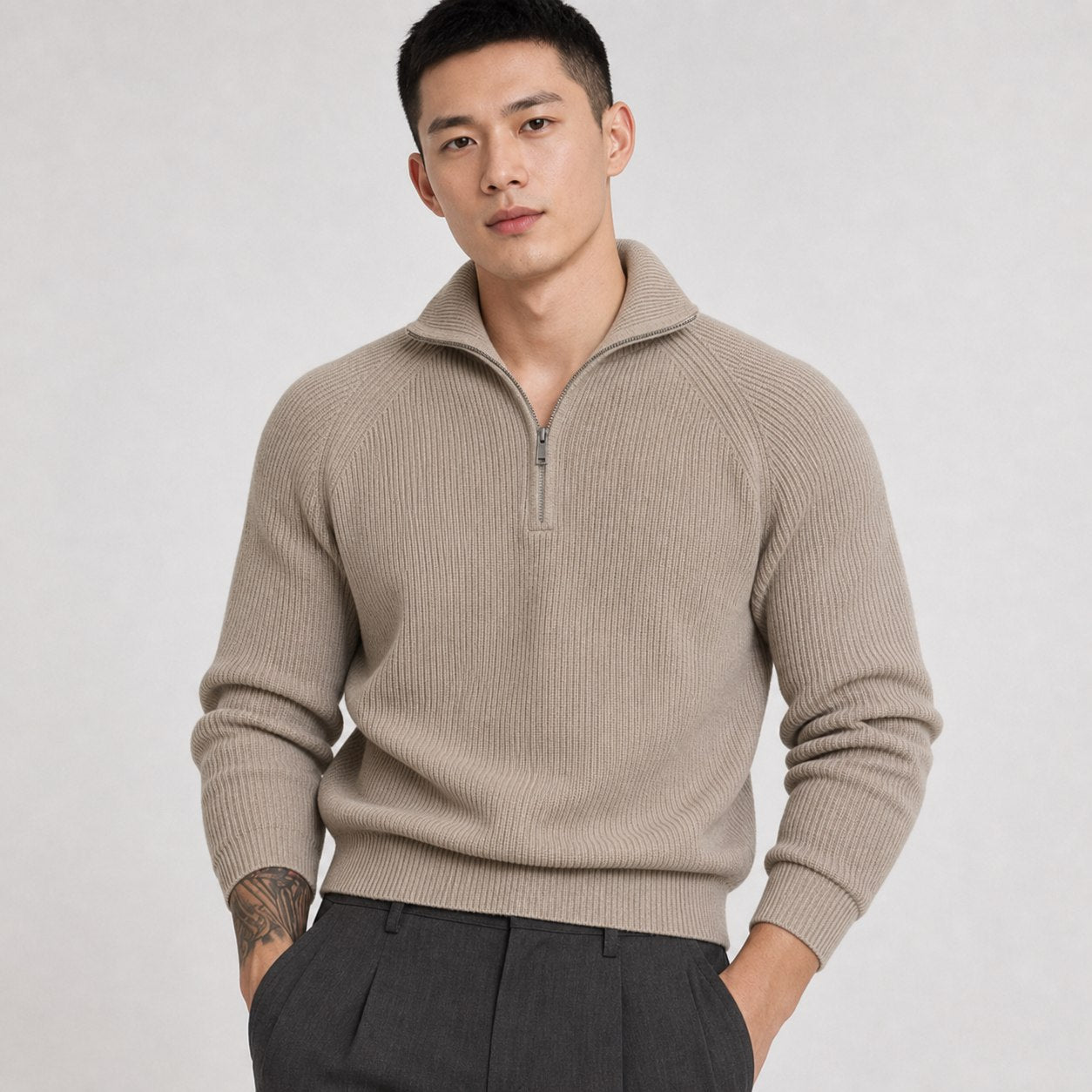 Khaki men's ribbed half-zip knit jumper front view