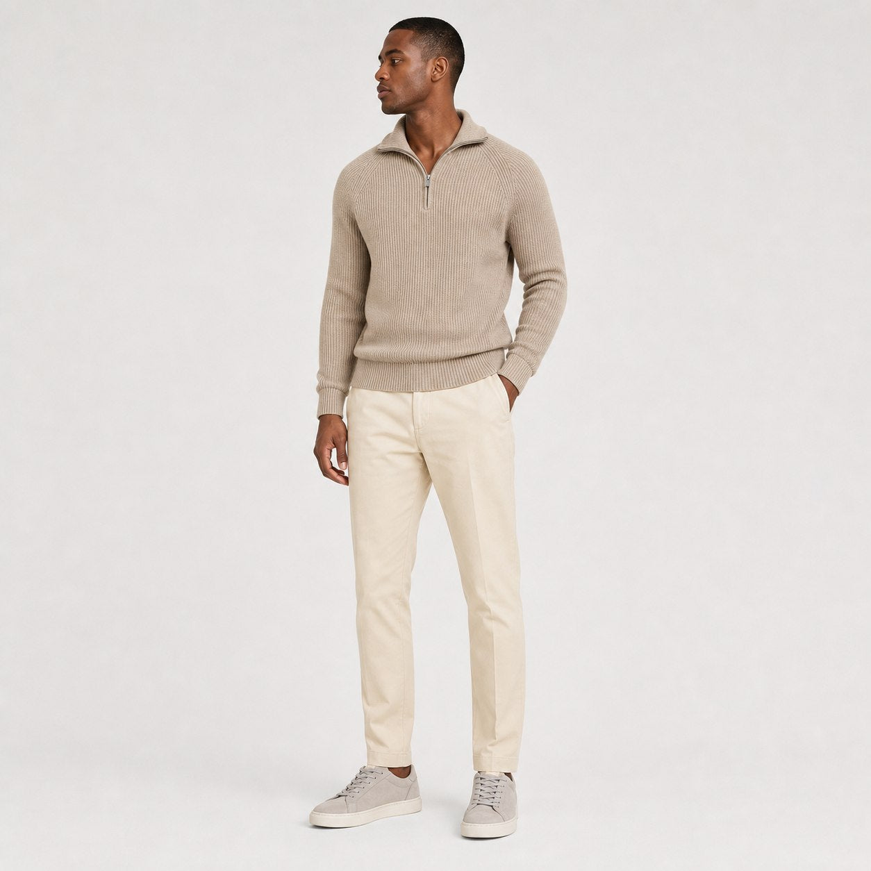 Khaki men's ribbed half-zip knit jumper full body front view