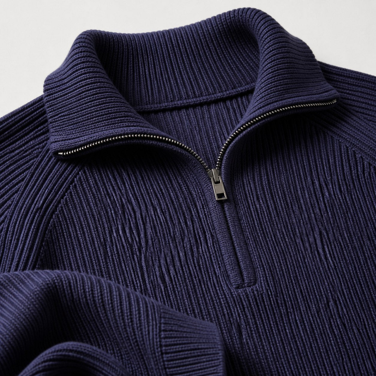 Purplish Blue men's ribbed half-zip knit jumper detail view