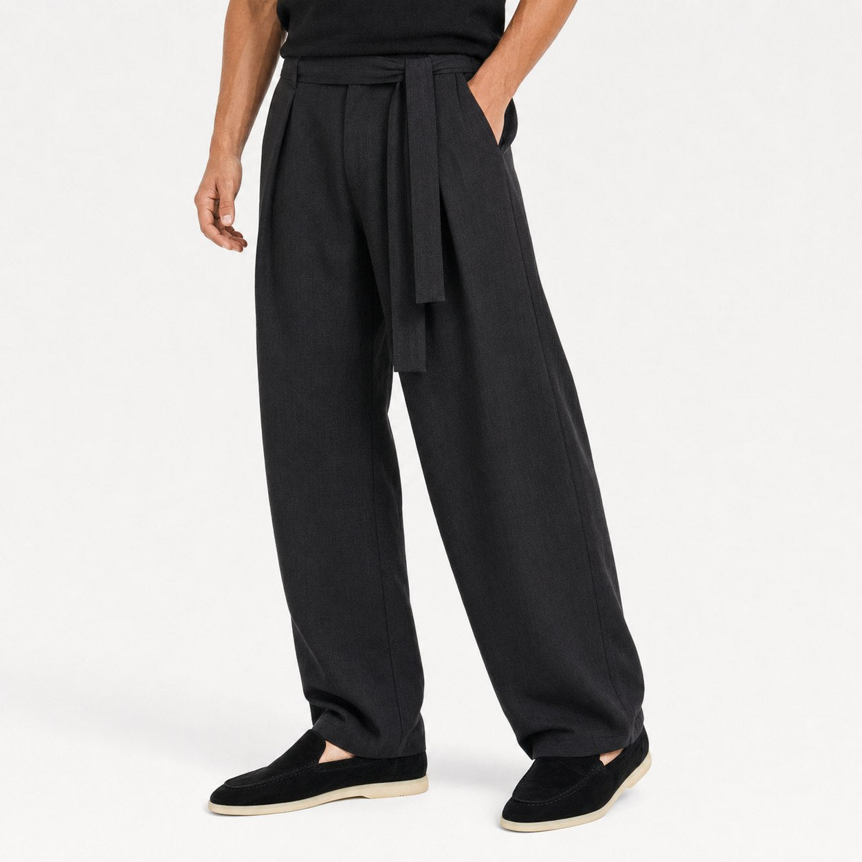 Black men's wide-leg pleated trousers front view