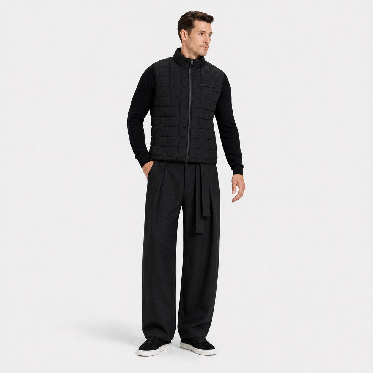 Black men's wide-leg pleated trousers full front view