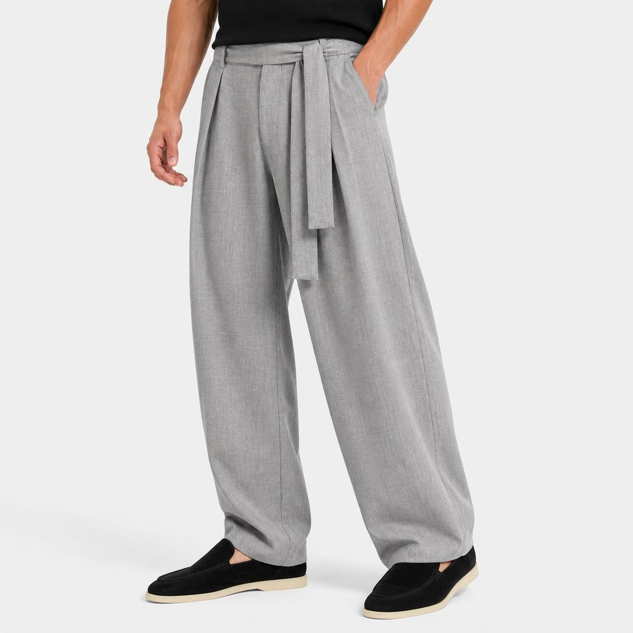 Grey men's wide-leg pleated trousers front view