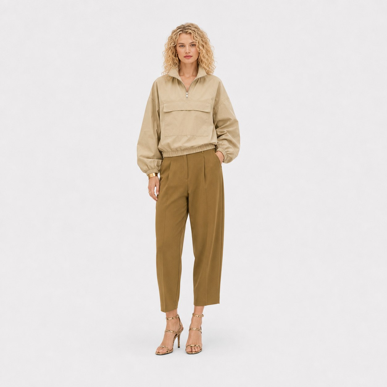 Khaki women's no-hood pullover anorak full front view