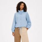 Women's blue striped high-collar top front view