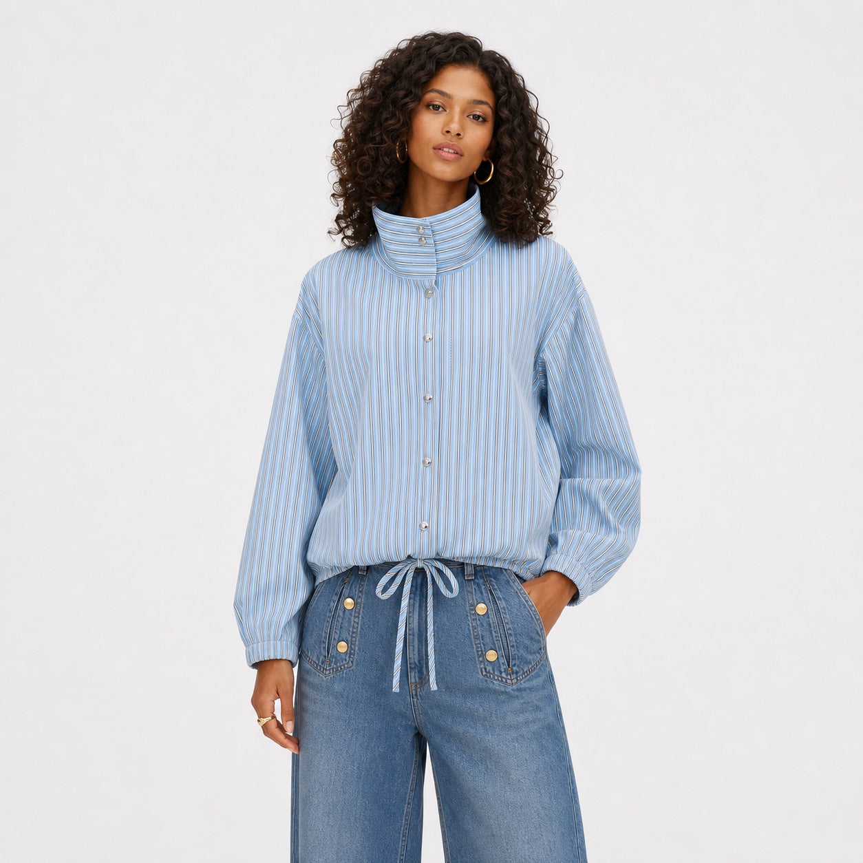 Women's blue striped high-collar top front view