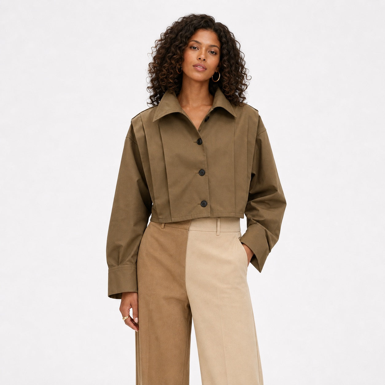 Women's khaki cropped high-collar jacket front view