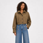 Women's khaki cropped high-collar jacket front view