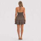 Women's halter mini dress in Brown back view