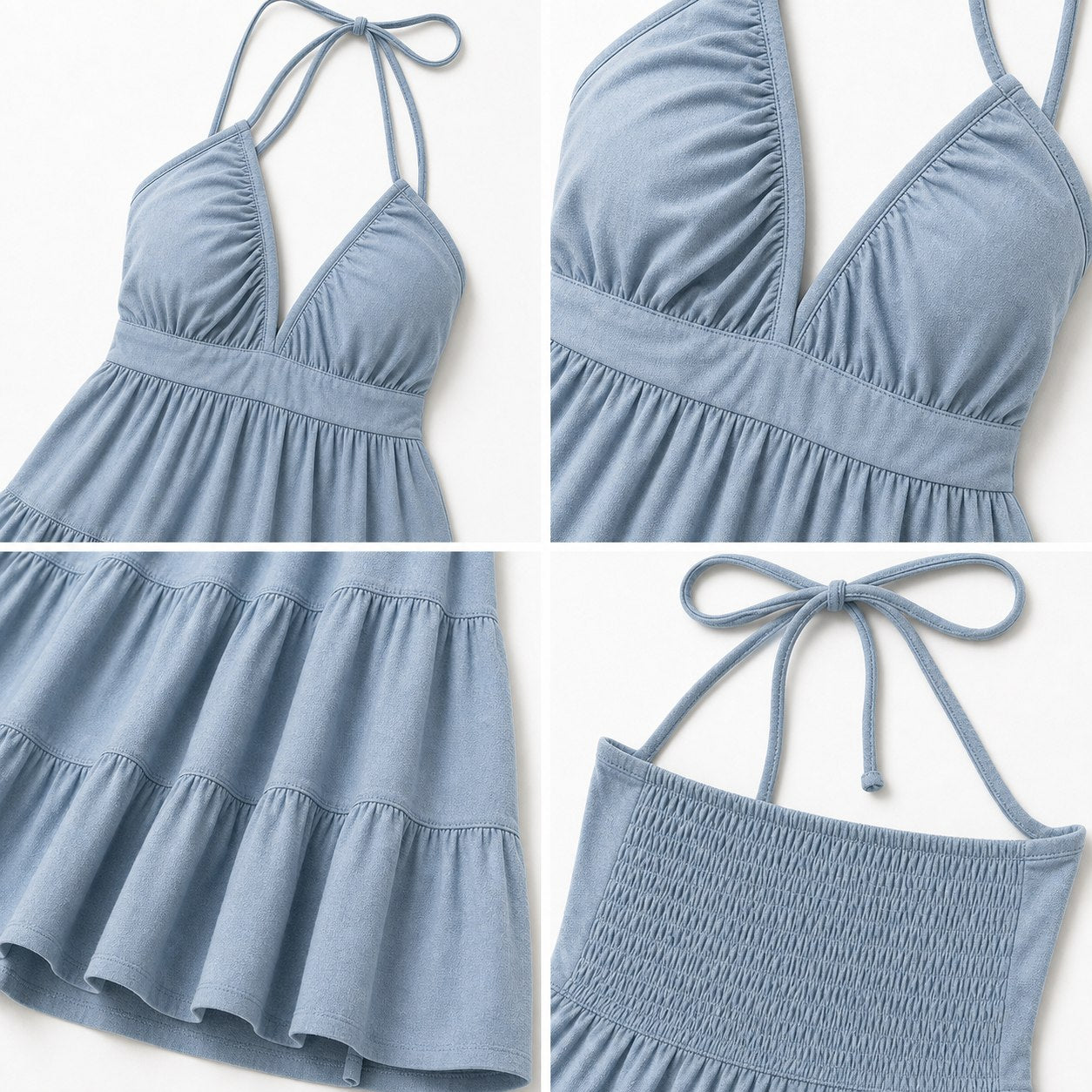 Women's halter mini dress in Light Blue detail view