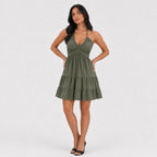 Women's halter mini dress in Olive Green front view