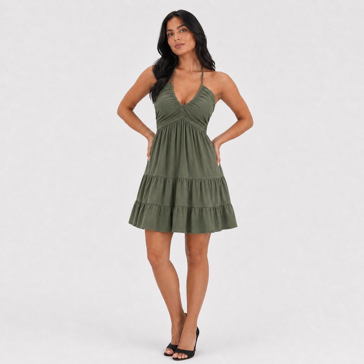 Women's halter mini dress in Olive Green front view