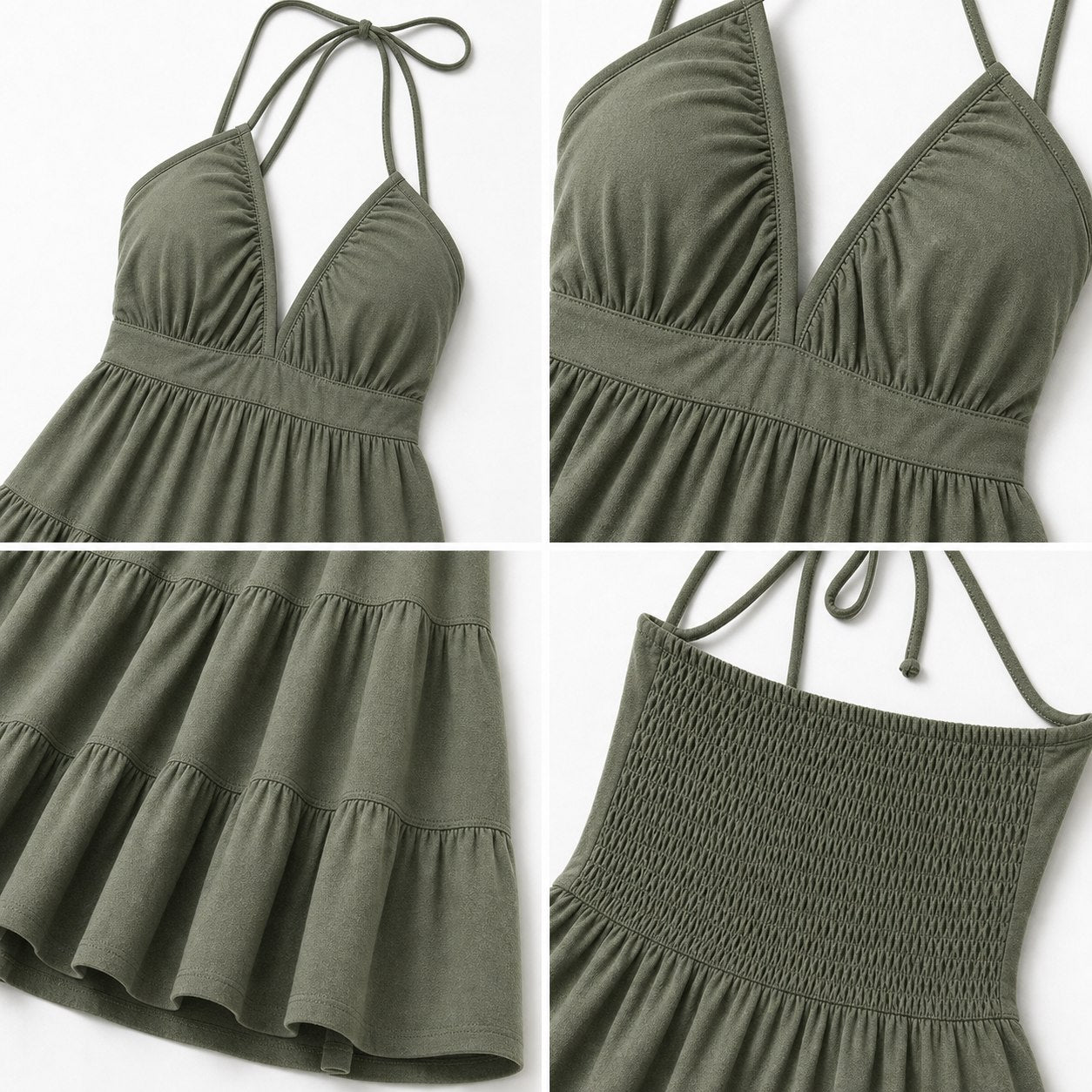 Women's halter mini dress in Olive Green detail view