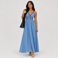 Blue embroidered maxi dress front view