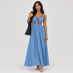 Blue embroidered maxi dress front view