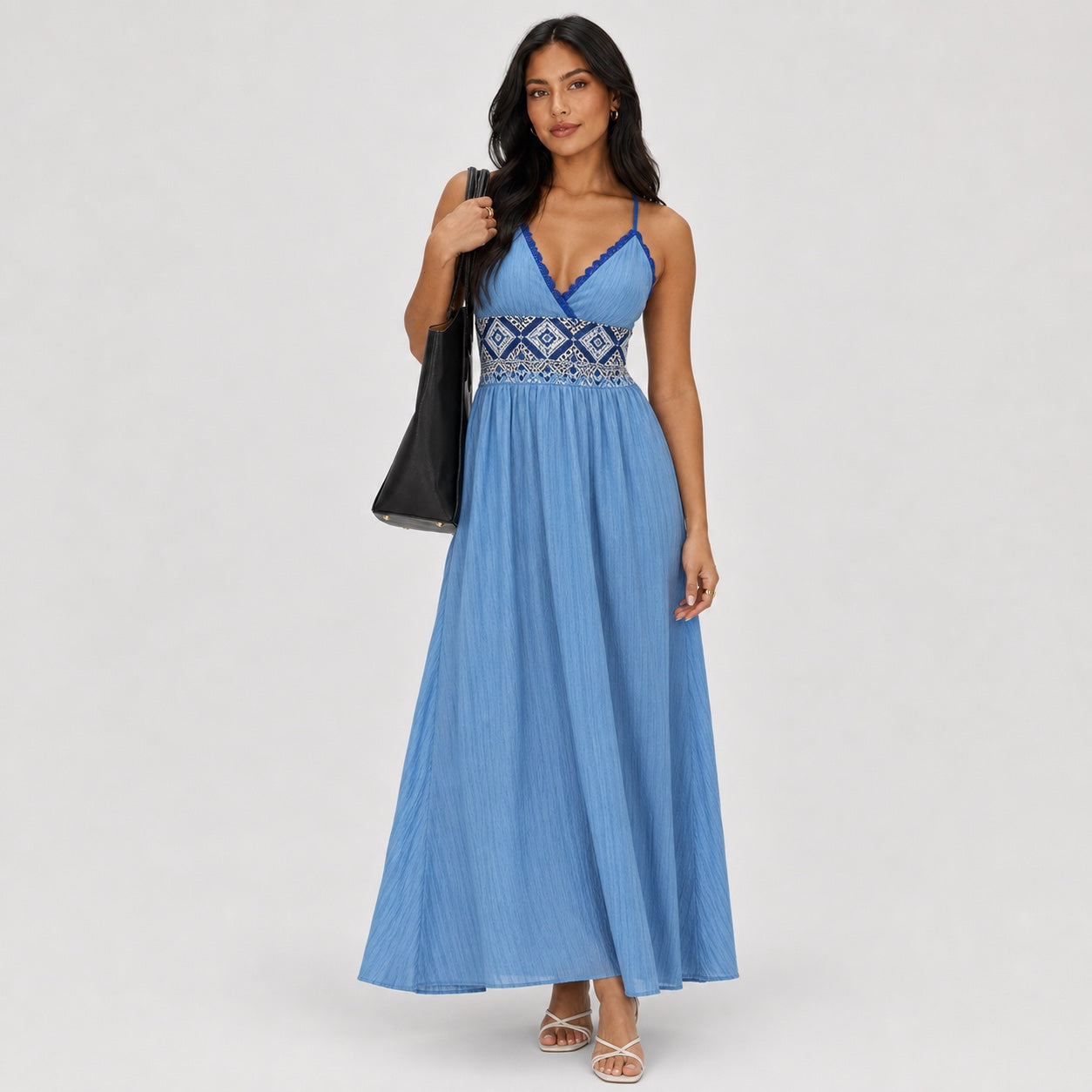 Blue embroidered maxi dress front view