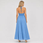 Blue embroidered maxi dress back view