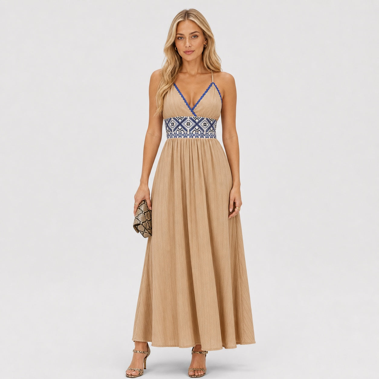 Khaki embroidered maxi dress front view