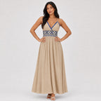 Khaki embroidered maxi dress front detail pose