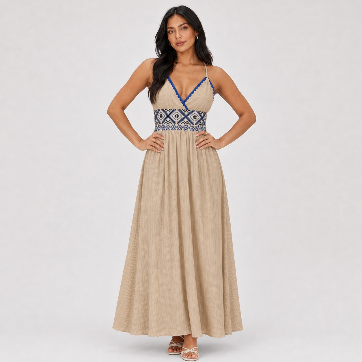 Khaki embroidered maxi dress front detail pose
