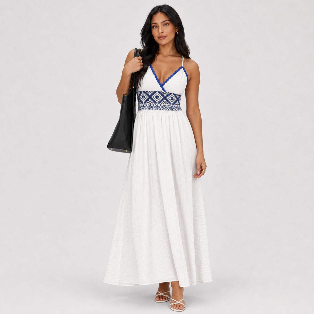 White embroidered maxi dress front view