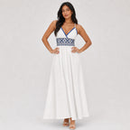 White embroidered maxi dress front detail pose