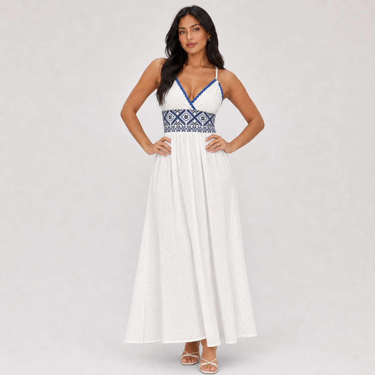 White embroidered maxi dress front detail pose