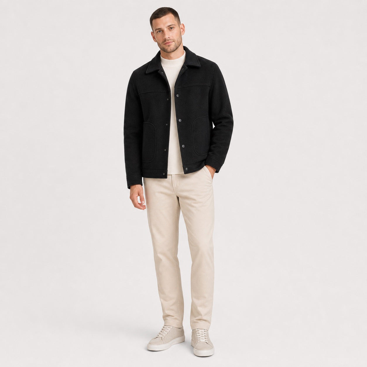 Black men's wool jacket full front view