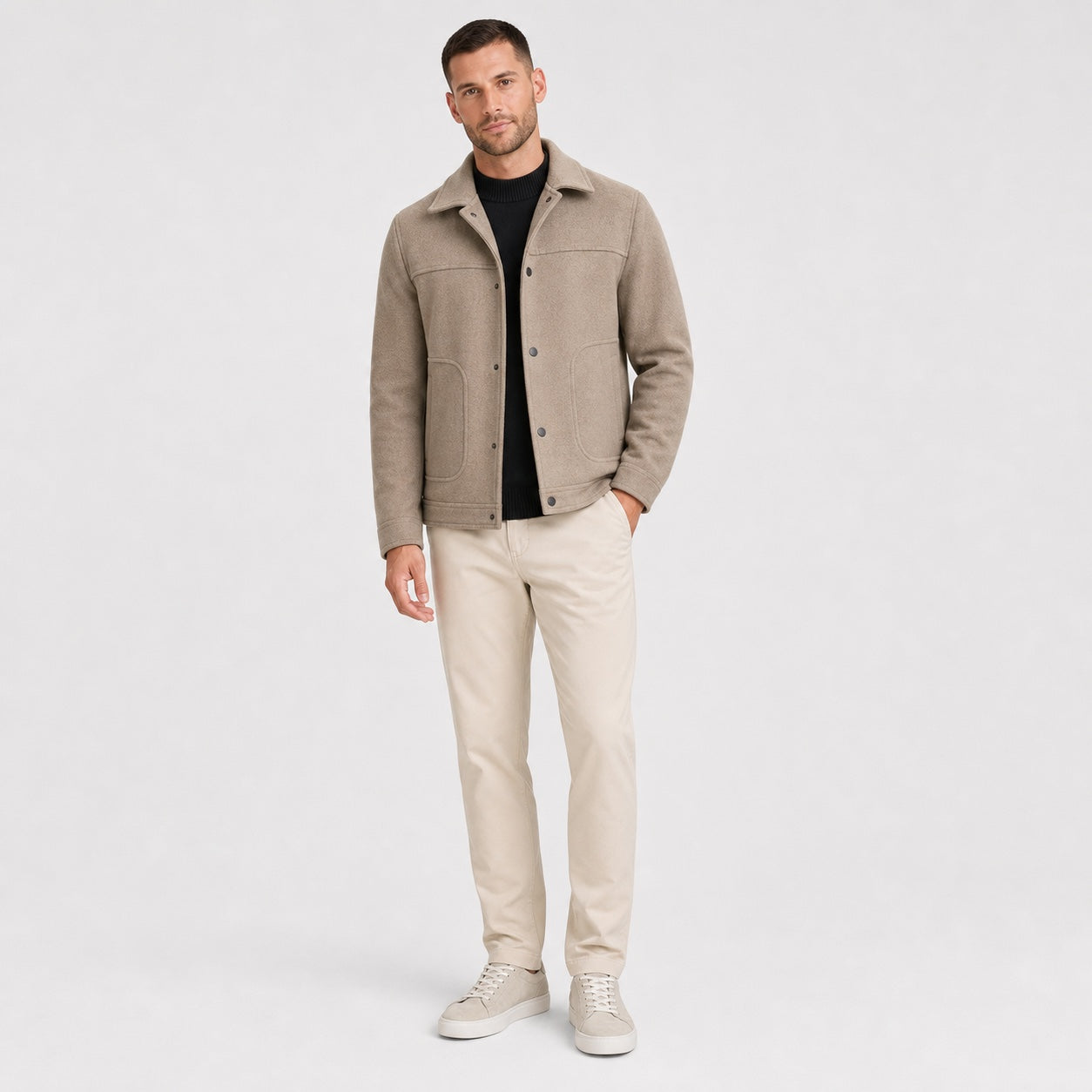 Khaki men's wool jacket full front view