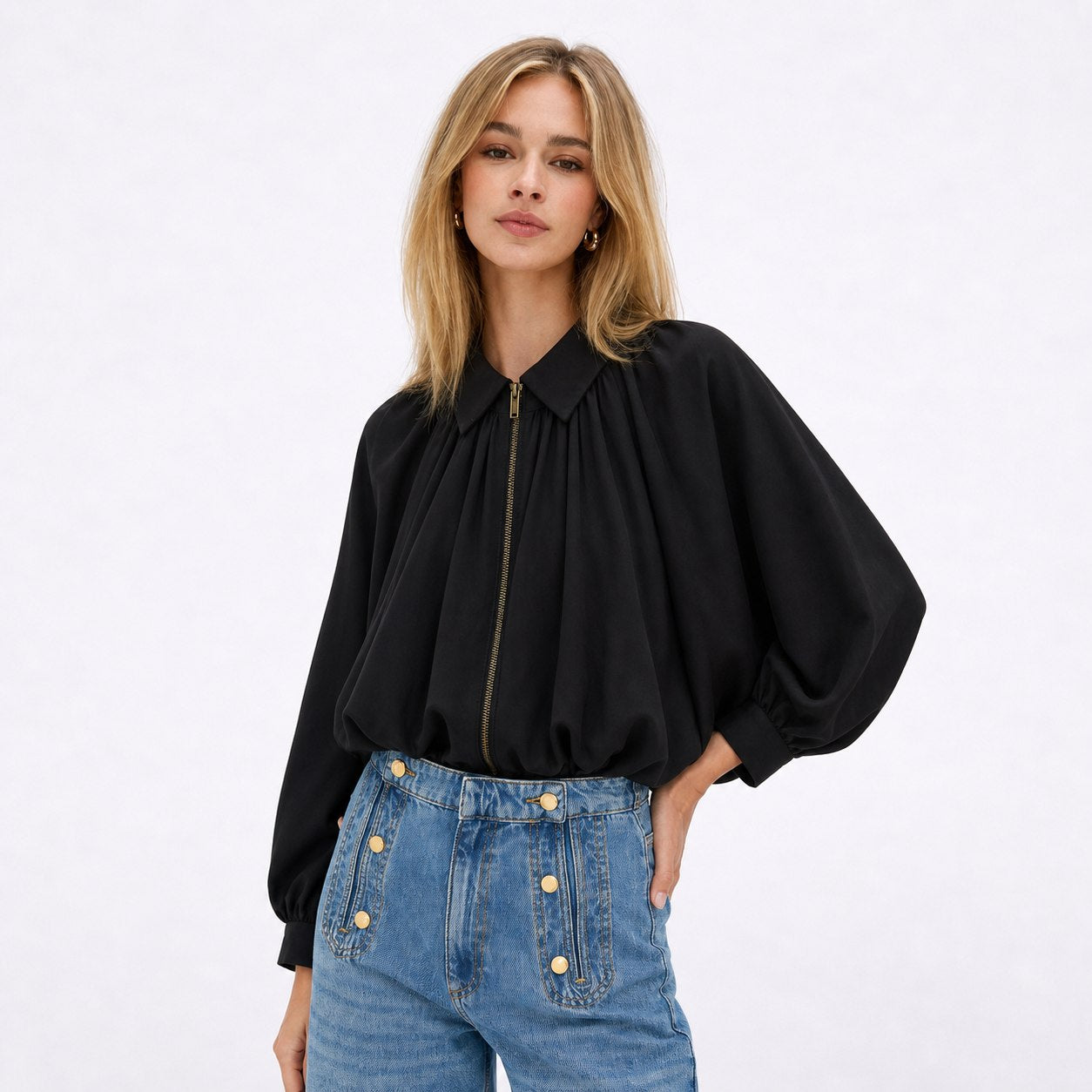 Women’s collared zip cape blouse in Black, front model view