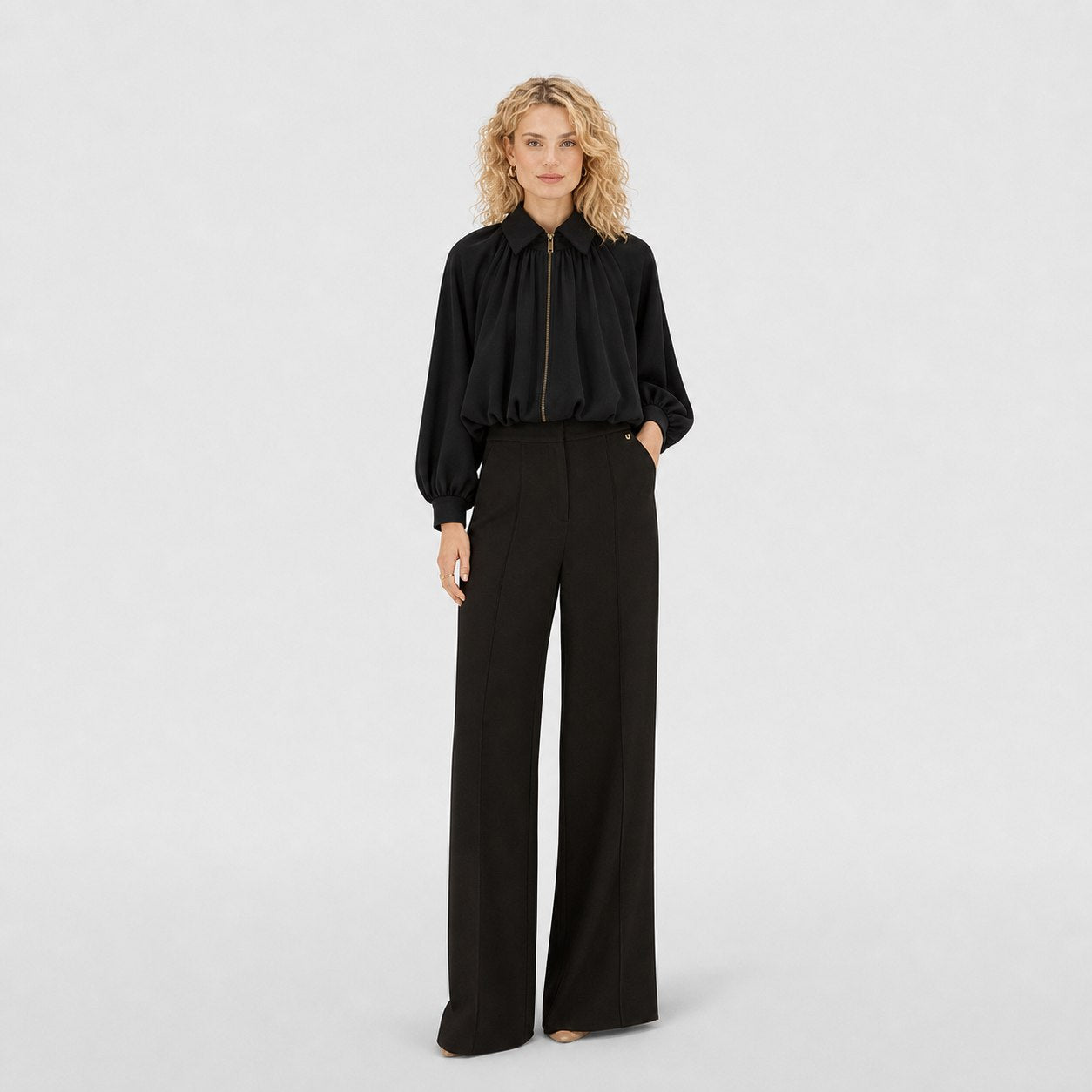 Women’s collared zip cape blouse in Black, second front model view