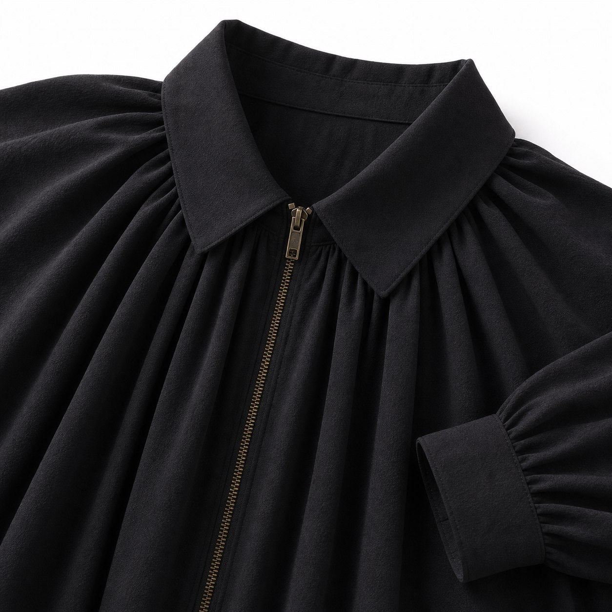 Women’s collared zip cape blouse in Black, collar and zipper detail