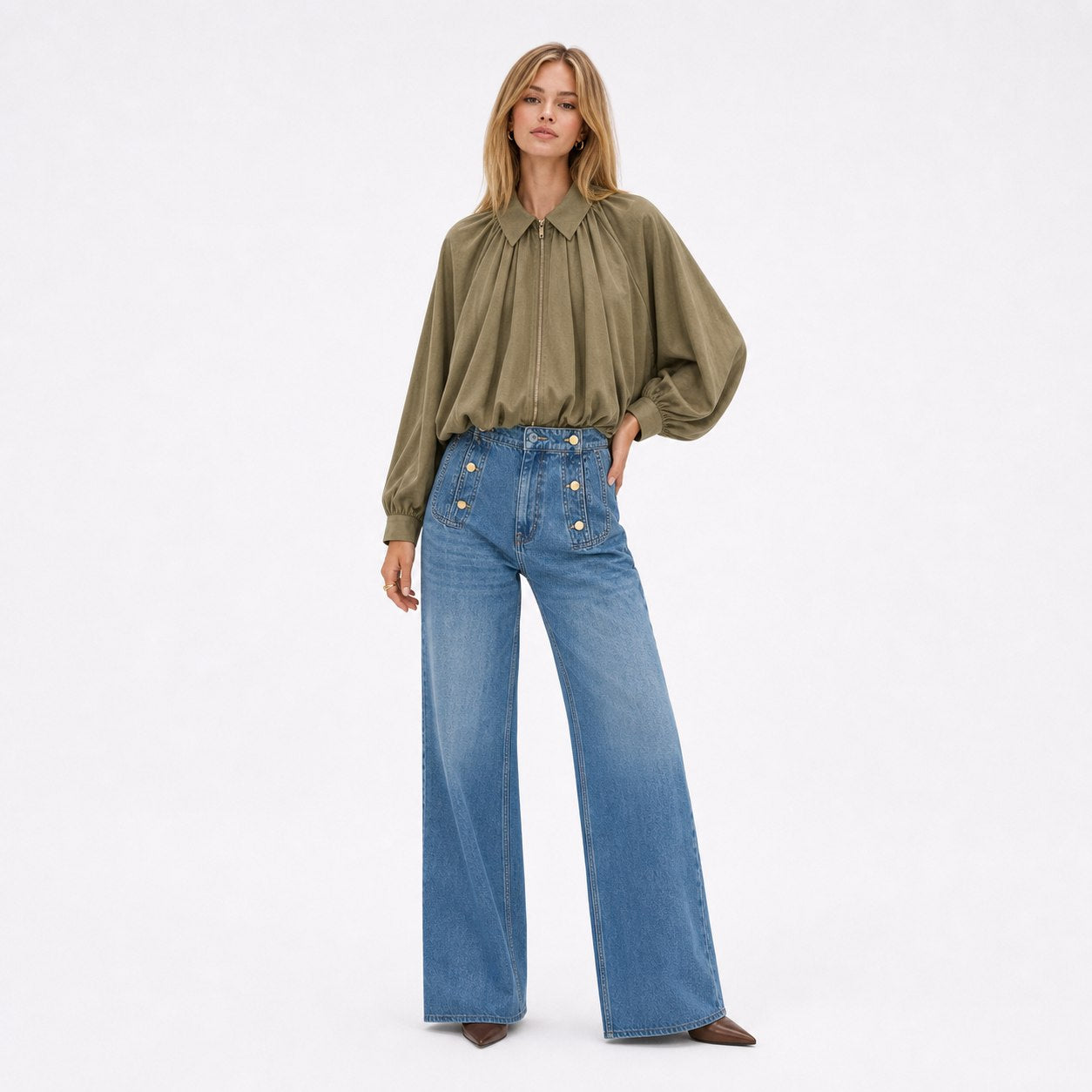 Women’s collared zip cape blouse in Green, second front model view