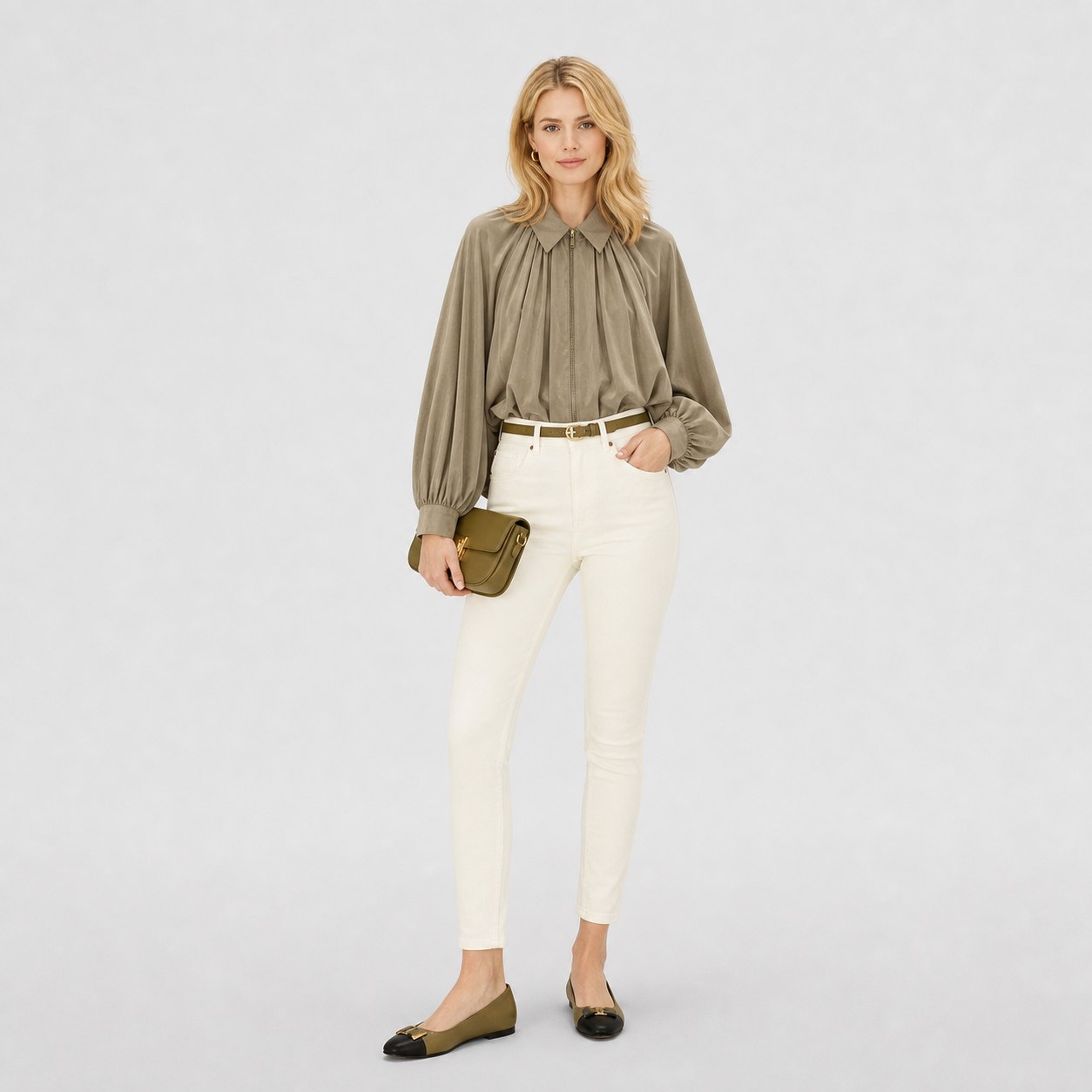 Women’s collared zip cape blouse in Khaki, second front model view