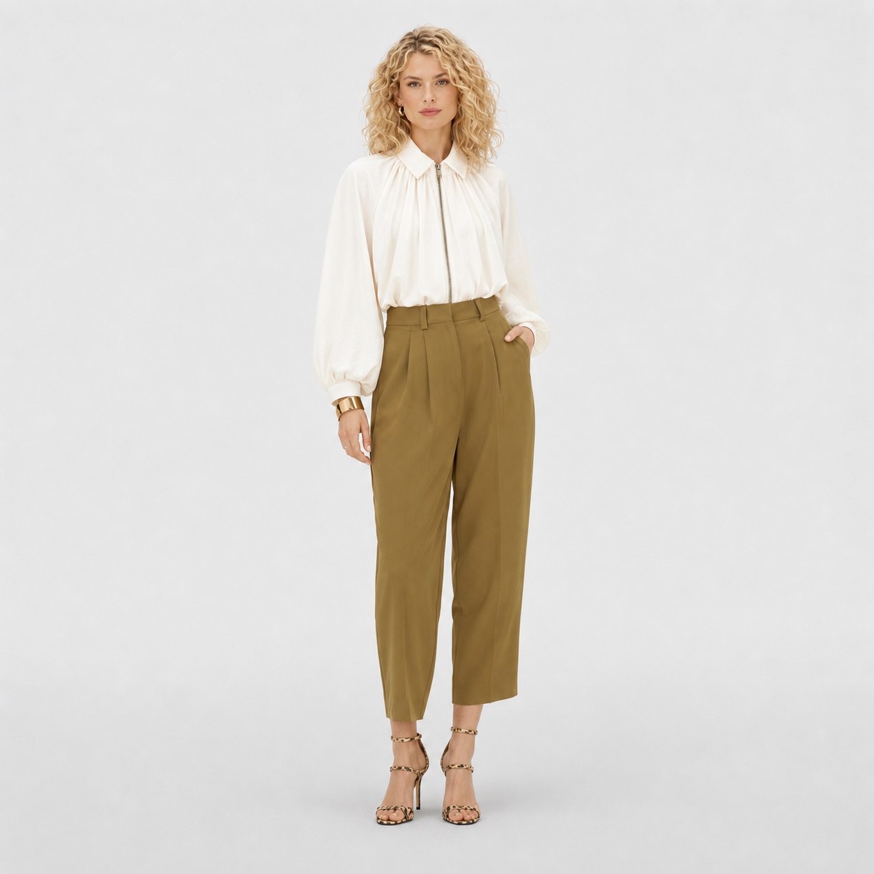 Women’s collared zip cape blouse in Milky White, second front model view
