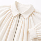 Women’s collared zip cape blouse in Milky White, collar and zipper detail