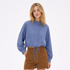 Women’s checked cropped shirt in Dark Blue, front model view