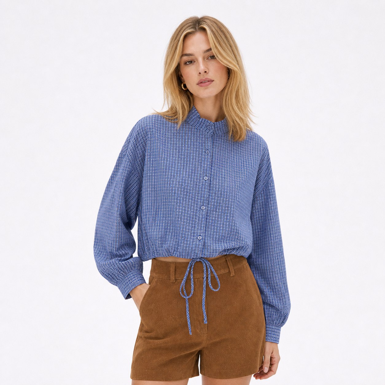 Women’s checked cropped shirt in Dark Blue, front model view