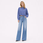 Women’s checked cropped shirt in Dark Blue, second front model view