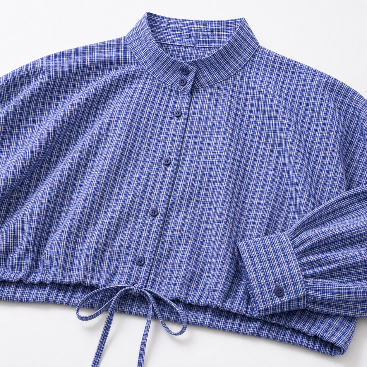 Women’s checked cropped shirt in Dark Blue, collar button and drawstring detail