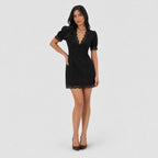 Women's Eyelet Lace-Trim Mini Dress Short Puff Sleeve Slim Fit - Black