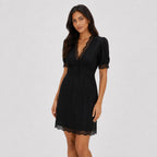 Women's Eyelet Lace-Trim Mini Dress Short Puff Sleeve Slim Fit - Black