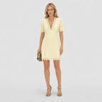 Women's Eyelet Lace-Trim Mini Dress Short Puff Sleeve Slim Fit - Light Yellow