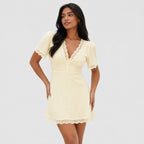 Women's Eyelet Lace-Trim Mini Dress Short Puff Sleeve Slim Fit - Light Yellow