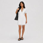 Women's Eyelet Lace-Trim Mini Dress Short Puff Sleeve Slim Fit - White
