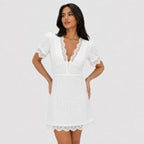 Women's Eyelet Lace-Trim Mini Dress Short Puff Sleeve Slim Fit - White