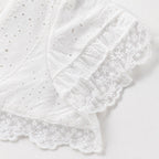 Women's Eyelet Lace-Trim Mini Dress Short Puff Sleeve Slim Fit - White