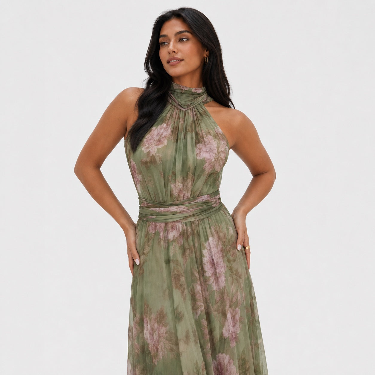 Women's Floral Chiffon Halter Maxi Dress Gathered Neckline Flowing Fit - Green