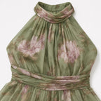 Women's Floral Chiffon Halter Maxi Dress Gathered Neckline Flowing Fit - Green